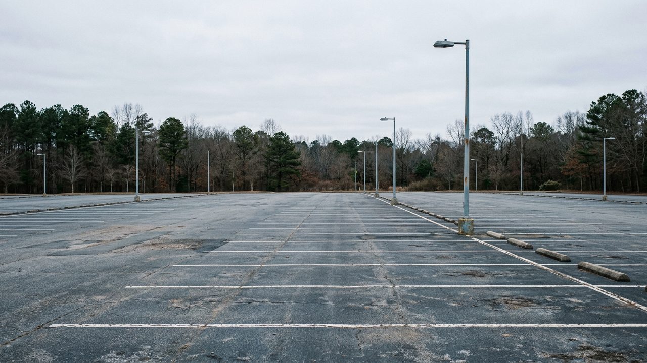 Wide view of a large open parking lot with long empty rows under a pale overcast sky