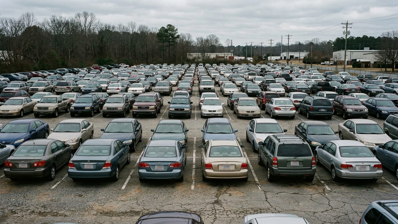 Full parking lot with every marked bay occupied seen from a low angle in flat daylight