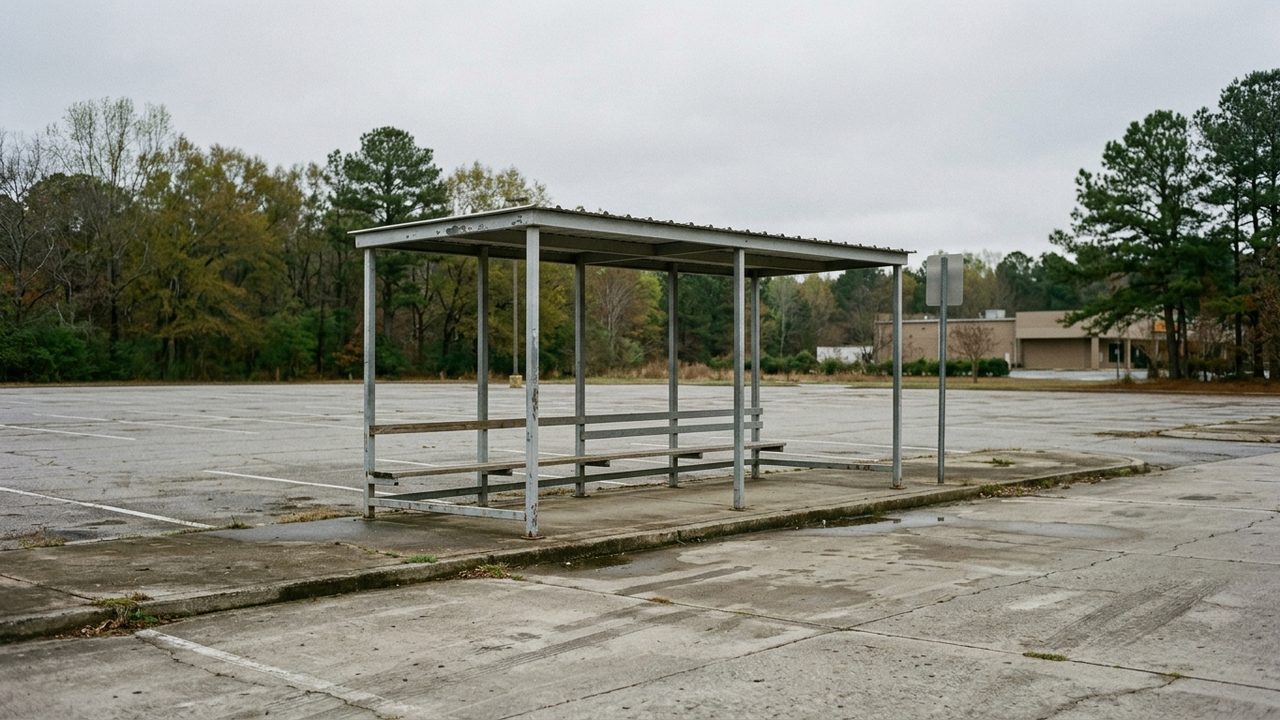Empty covered shuttle shelter beside a parking lot with a bench and a route post, flat daylight