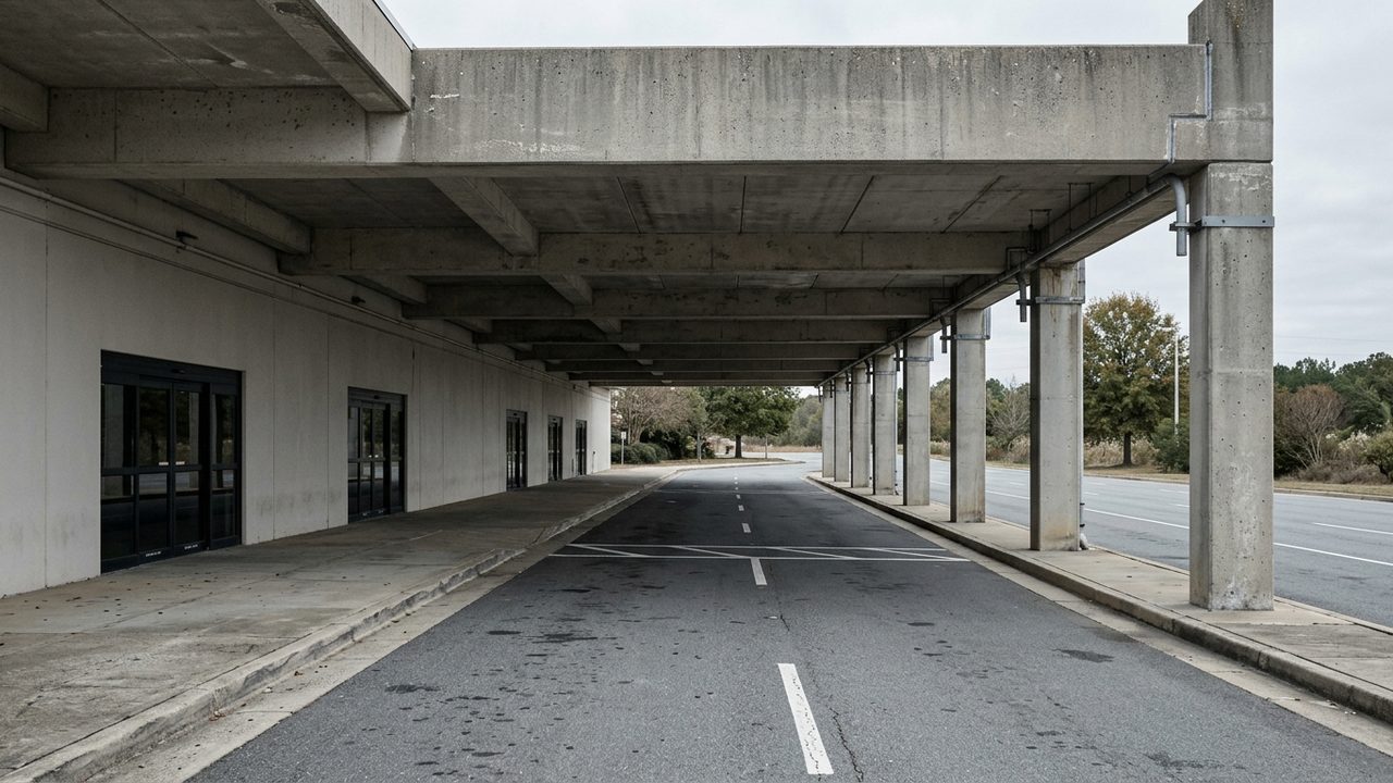 Empty airport kerbside drop off lane under a canopy in flat daylight with painted markings