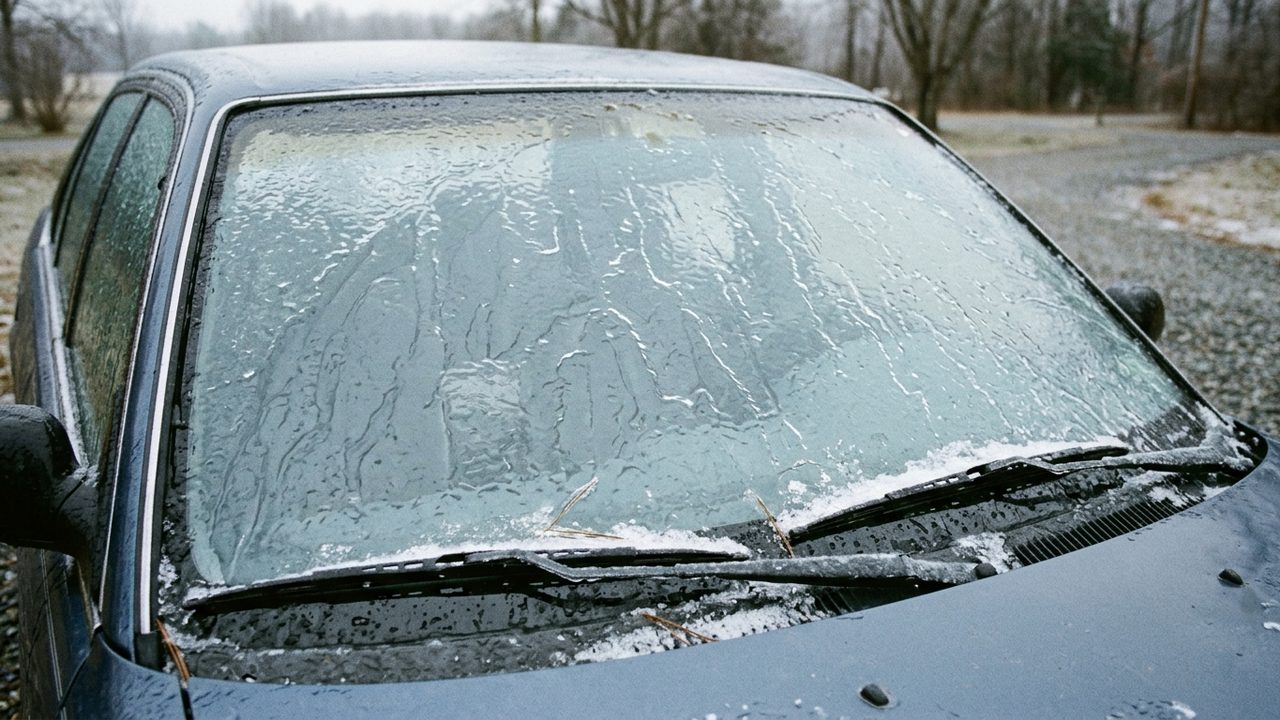 Frozen car windscreen covered in a smooth sheet of ice in flat winter daylight, no people