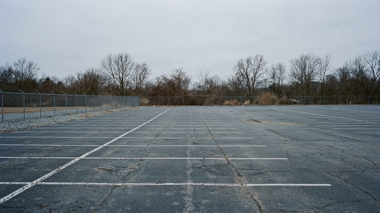 Rows of empty marked parking bays on an open lot at first light, painted lines and a perimeter fence